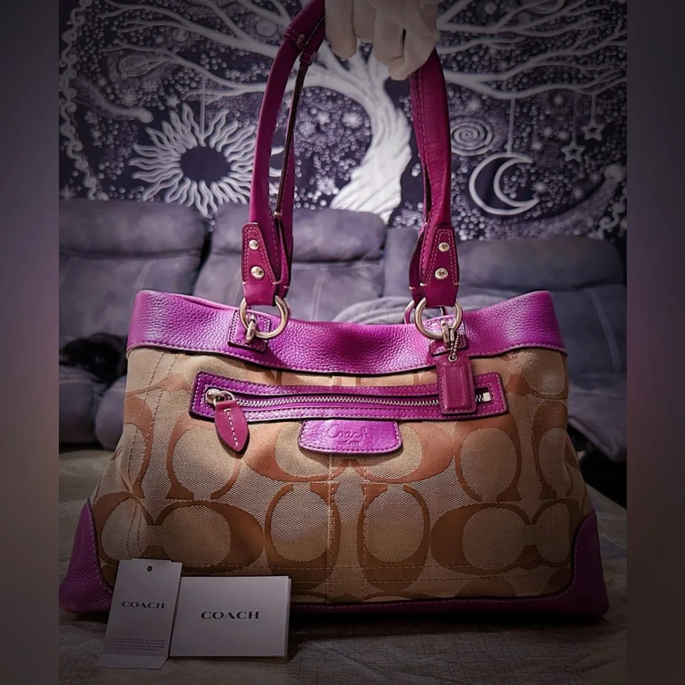 Vintage Coach purple Pink leather and Tan Signature Tote Bag shoulder bag 2009 - Picture 8 of 17